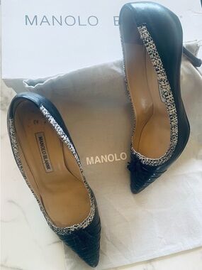 MANOLO BLAHNIK Black Leather/Snake/ TASSLE Accent Stiletto Pump-Sz.7/37.5-Blk